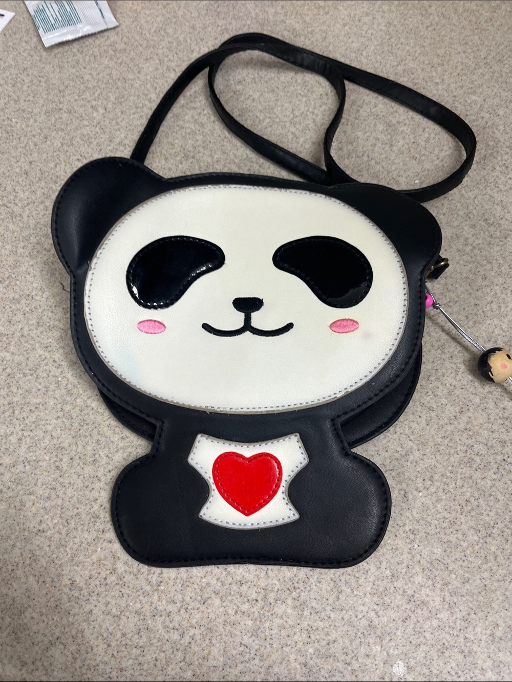 Source Unknown Black & White Panda Crossbody Bag with Red Heart